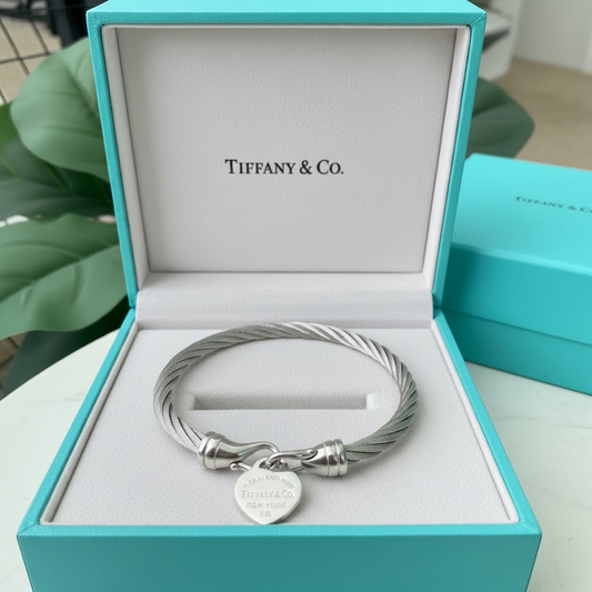 Signature Bangle in silver twisted cable design with heart charm, presented in a gift box