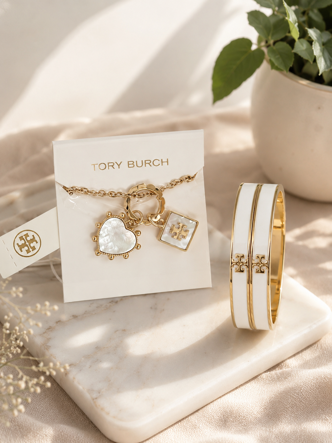 Tory Burch Set of Two Bangles with Tory Girl Necklace