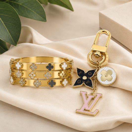 Gold Clover Bangle and Charm Keychain Set
